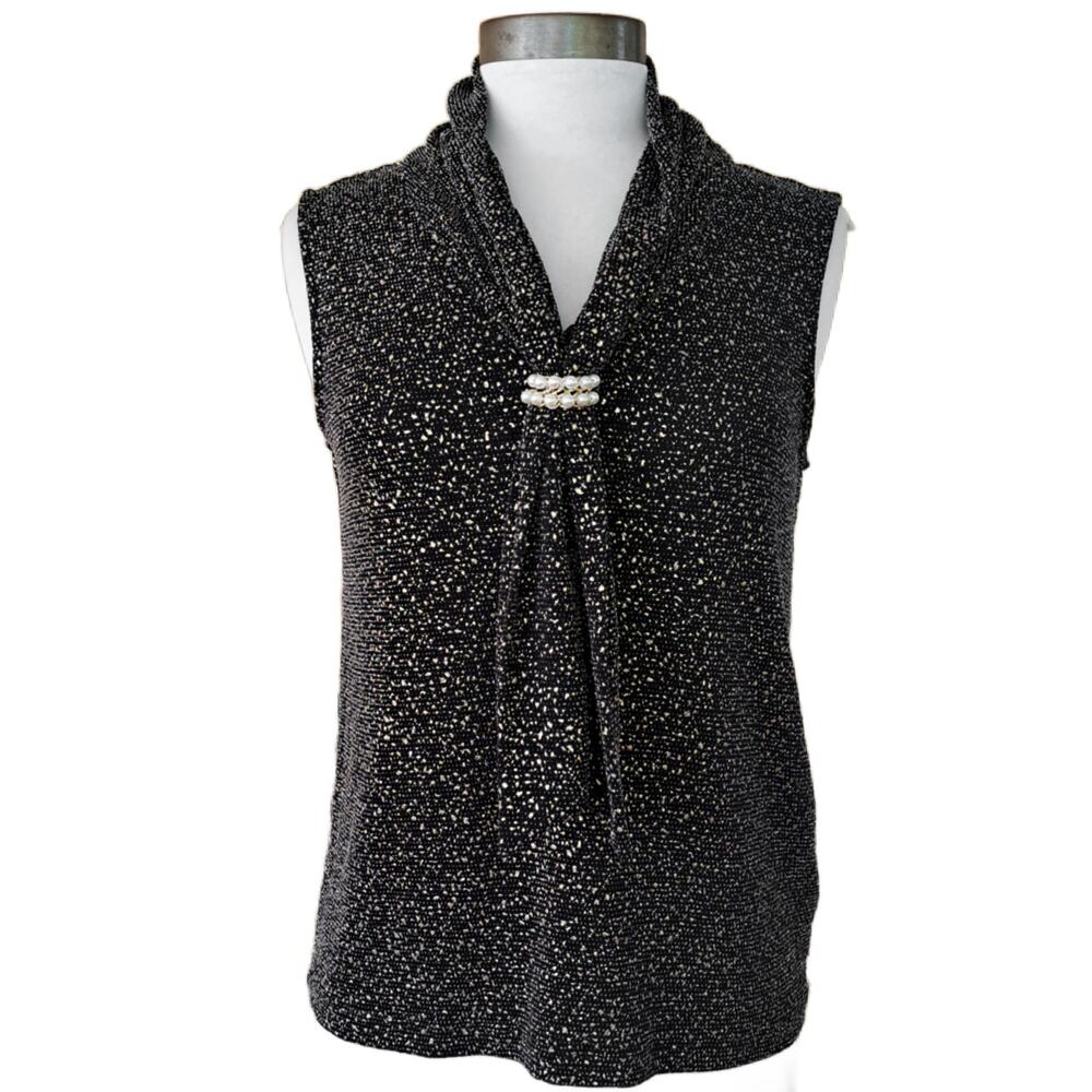 KARL LAGERFELD Black Sleeveless Gold Sparkle Pearl Tie Neck Top Small